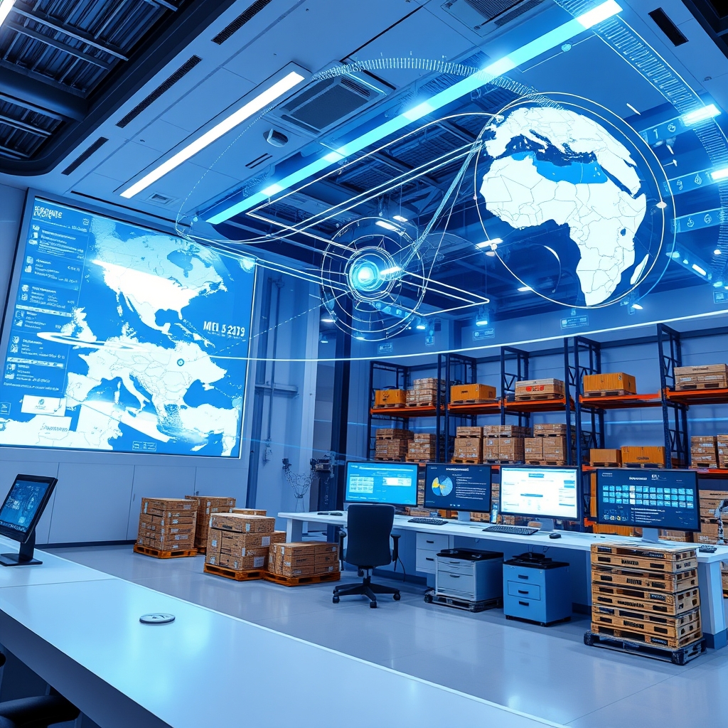 AI-powered logistics control room with holographic displays