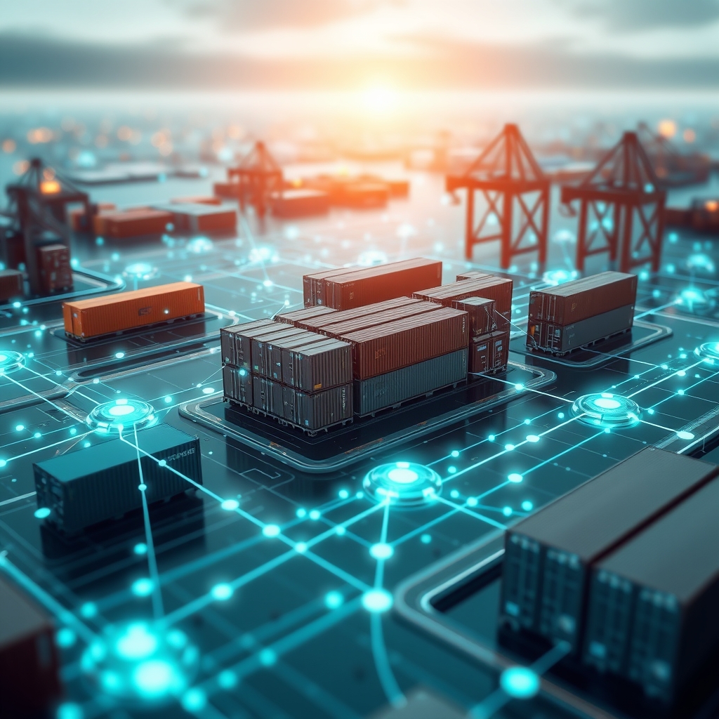 Blockchain network visualization connected to logistics