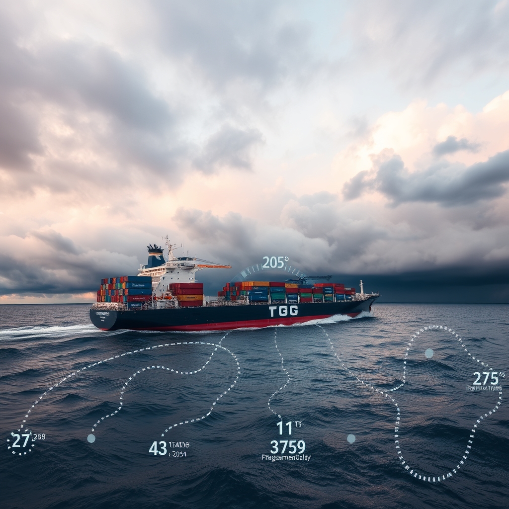 Cargo ship navigating through stormy weather